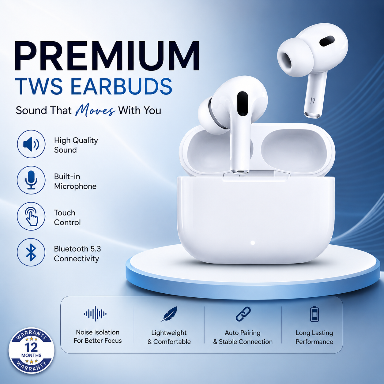 Premium TWS Earbuds – Bluetooth 5.3 Wireless Earphones with HD Sound, Touch Control & Noise Isolation