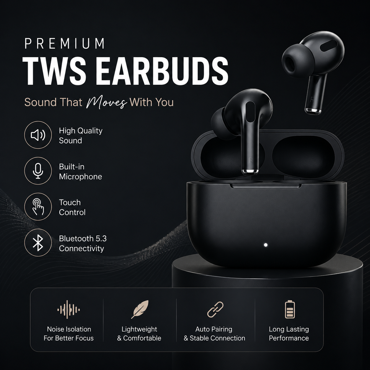 Premium TWS Earbuds – Bluetooth 5.3 Wireless Earphones with HD Sound, Touch Control & Noise Isolation
