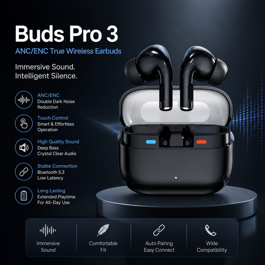 Buds Pro 3 ANC/ENC Wireless Earbuds – Bluetooth 5.3, HD Sound, Touch Control & Low Latency