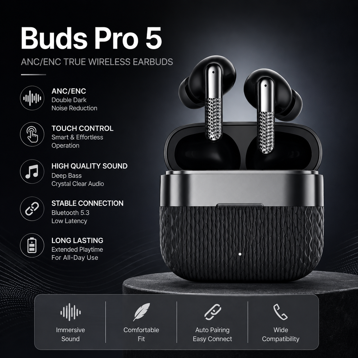 Buds Pro 5 ANC/ENC Wireless Earbuds – Bluetooth 5.3, HD Sound, Low Latency & Touch Control