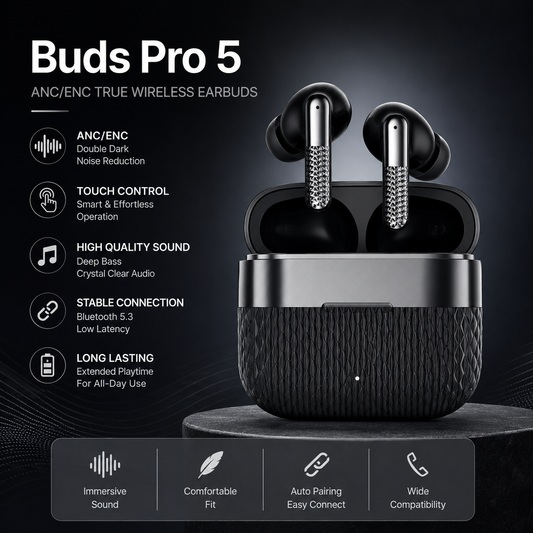Buds Pro 5 ANC/ENC Wireless Earbuds – Bluetooth 5.3, HD Sound, Low Latency & Touch Control