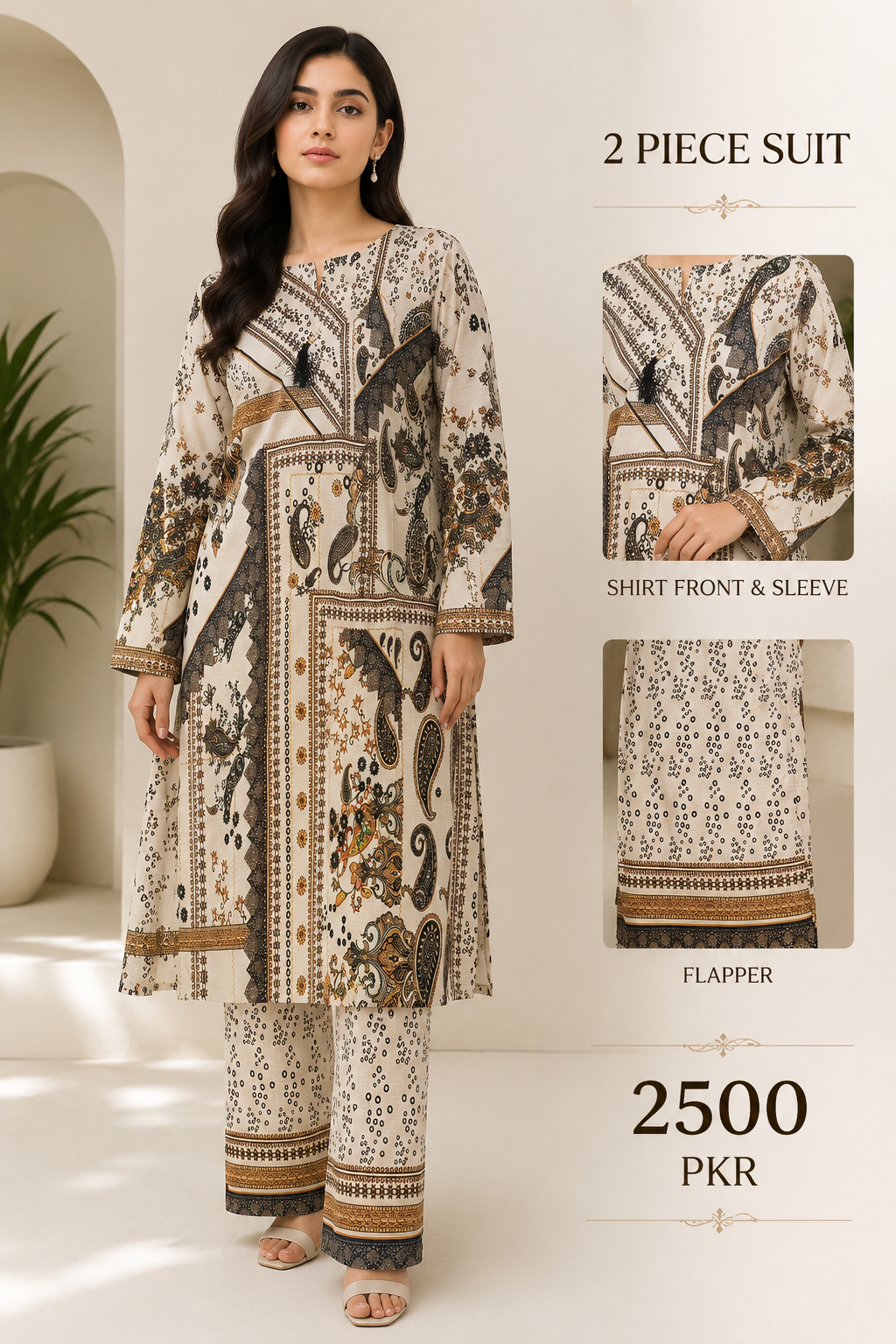 Elegant Beige Printed 2 Piece Suit for Women – Premium Lawn Shirt with Flapper | Full Sleeves