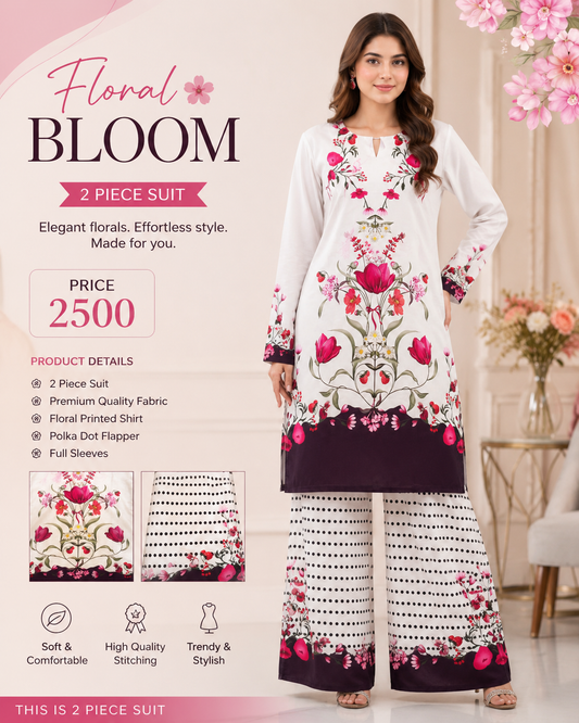Floral Bloom 2 Piece Suit for Women – Premium Printed Shirt with Polka Dot Flapper | Full Sleeves