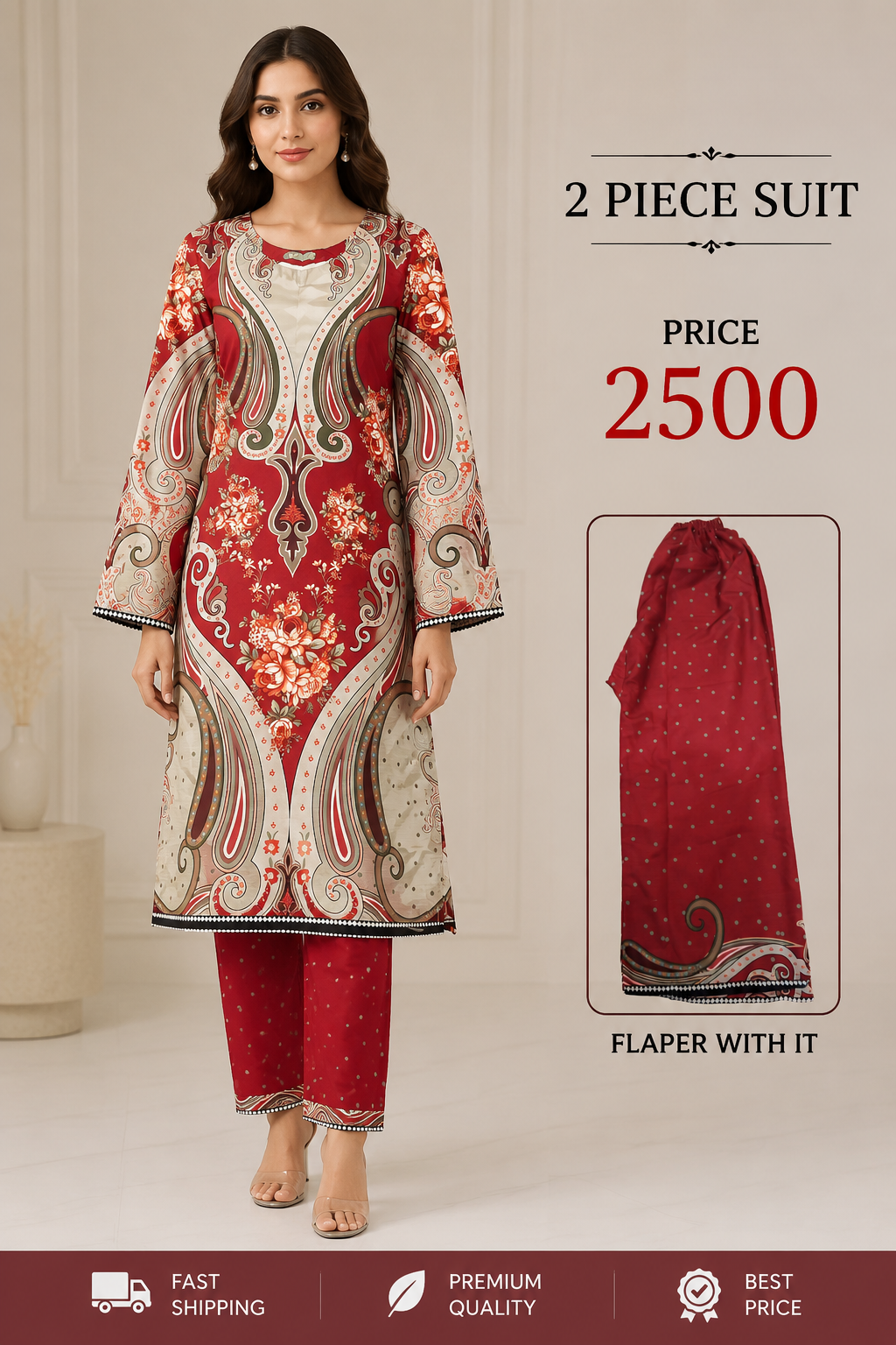 Elegant Red Printed 2 Piece Suit for Women – Full Sleeves with Matching Flapper | Premium Lawn Outfit