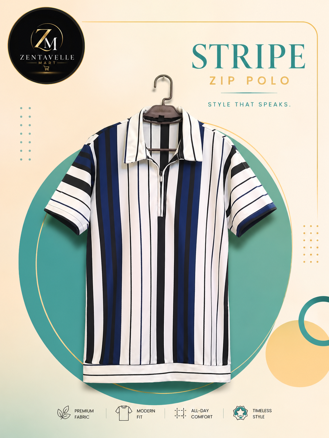 Zentavelle Mart Men's Stripe Zip Polo Shirt – Modern Casual Half Sleeve Tee