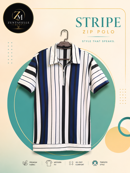 Zentavelle Mart Men's Stripe Zip Polo Shirt – Modern Casual Half Sleeve Tee